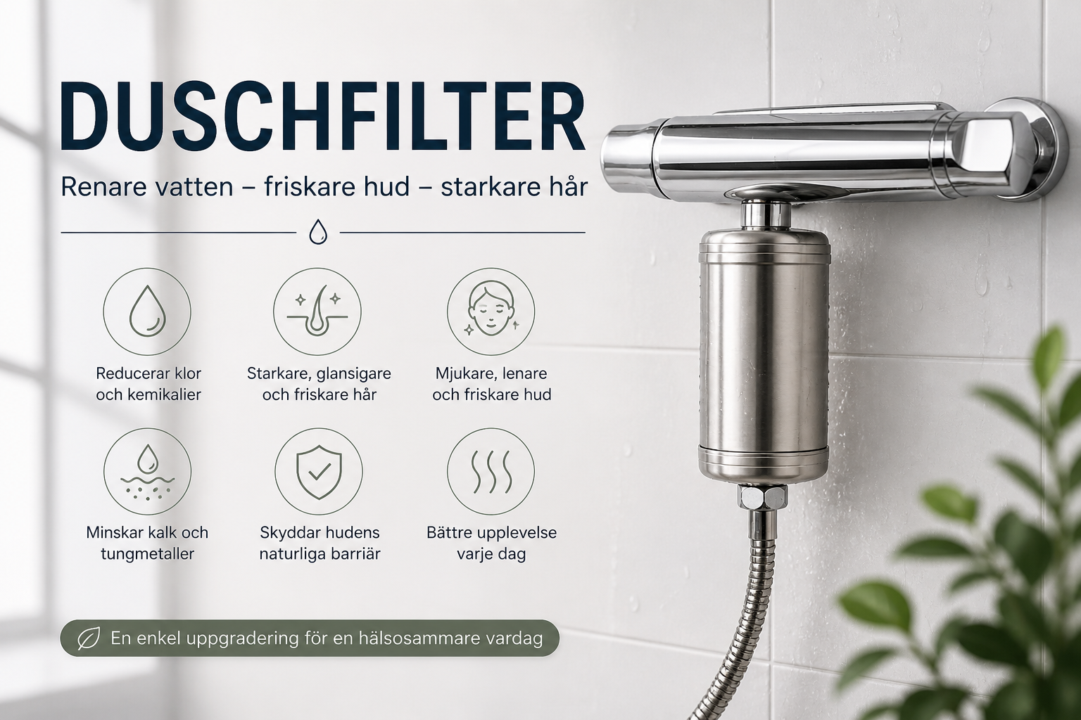 Duschfilter i rostfritt stål monterat på duschvägg – reducerar klor, kalk och tungmetaller för friskare hud och starkare hår